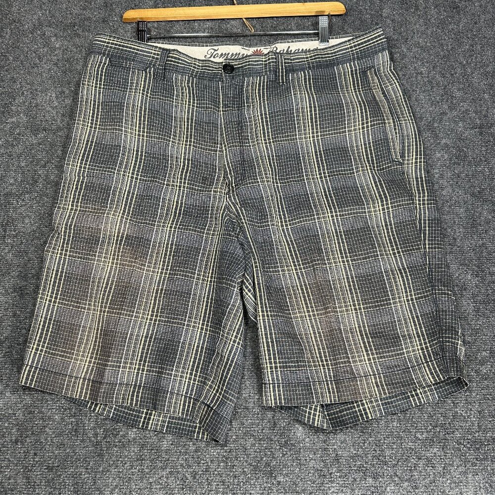 Tommy Bahama Shorts Mens 40 Gray Tan Plaid Linen Silk Pockets Flat Front